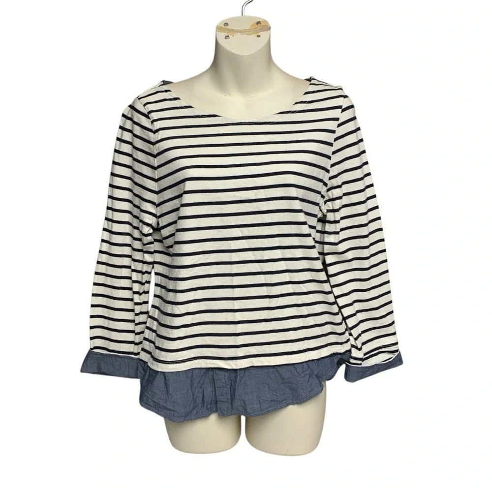 Per Se faux layered top size medium cream/blue striped with denim accents